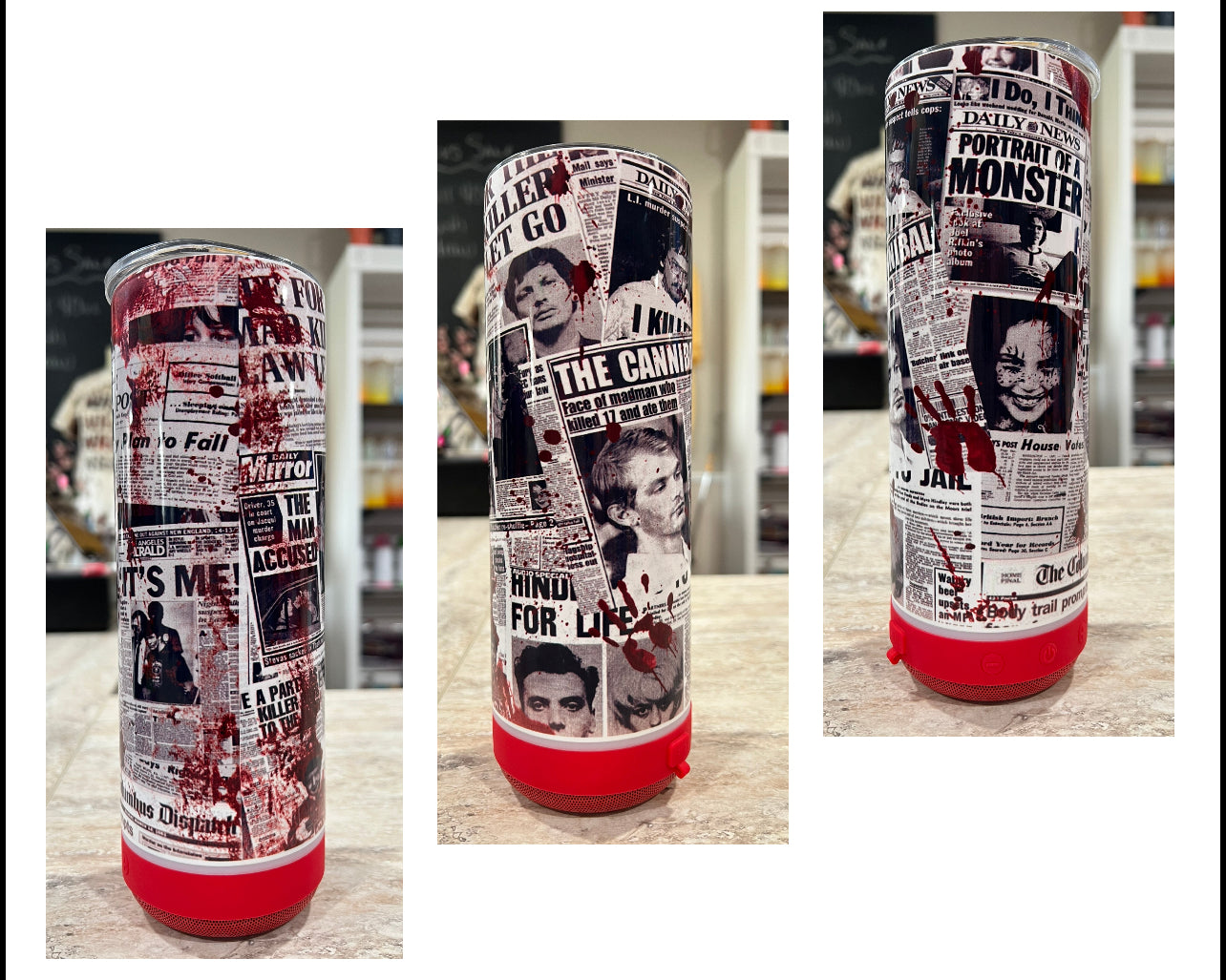 TRUE CRIME SERIAL KILLER BLUETOOTH SPEAKER TUMBLER