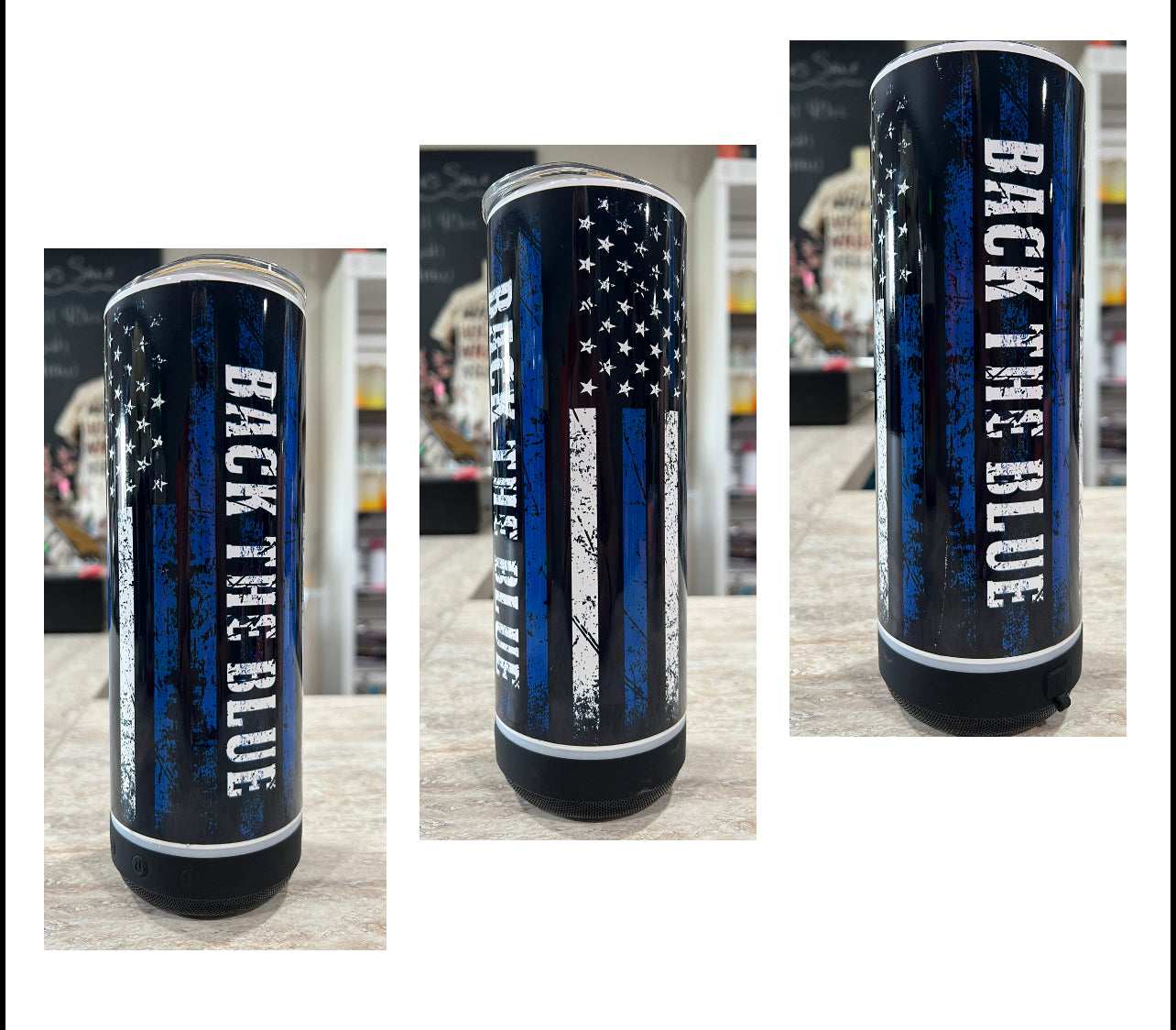 BACK THE BLUE POLICE BLUE LINE BLUETOOTH SPEAKER TUMBLER