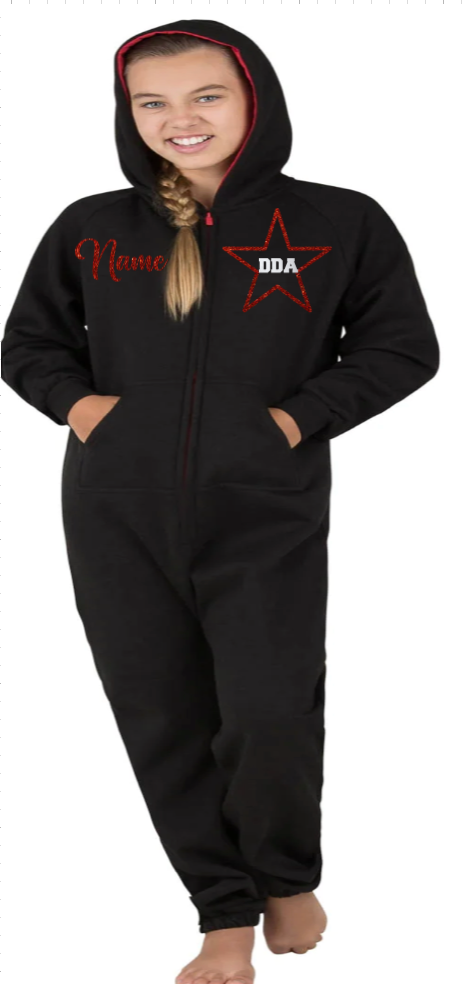 DDA BLACK FULL BODY SWEATSHIRT ONESIE WITH RED TRIM