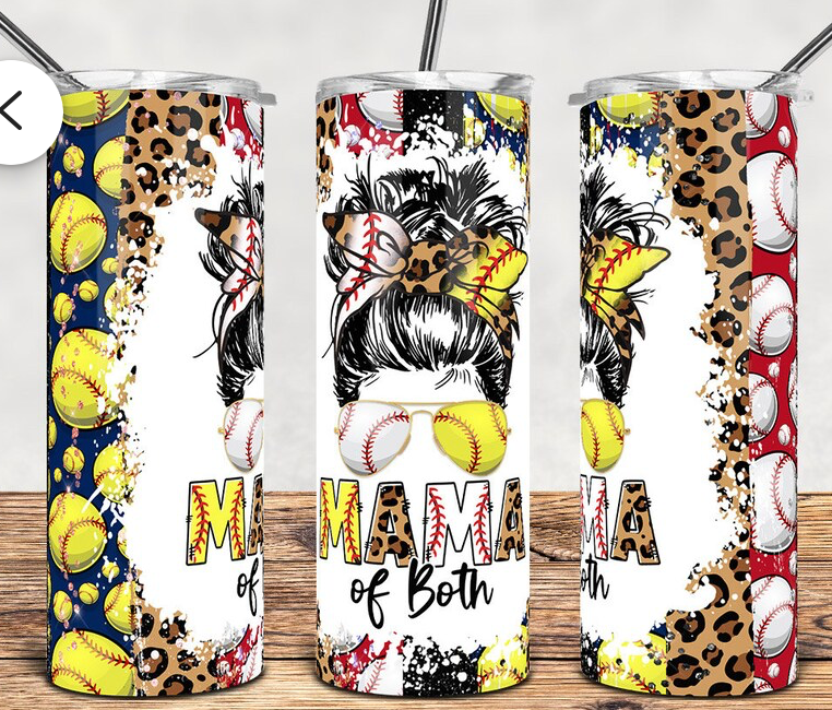 MESSY BUN MOM OF BOTH 20 OZ TUMBLER SOFTBALL & BASEBALL
