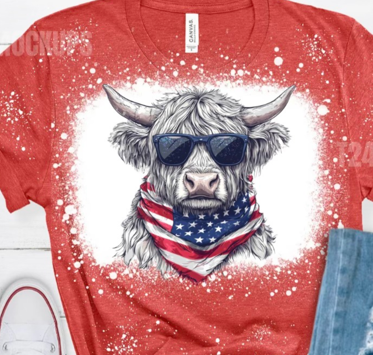 HIGHLAND COW PATRIOTIC BLEACHED TSHIRT