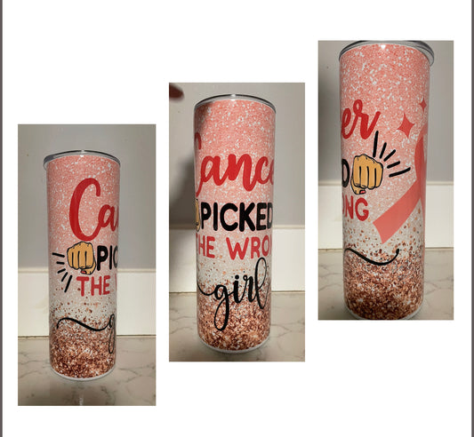 CANCER PICKED THE WRONG GIRL 20 OZ PINK RIBBON TUMBLER