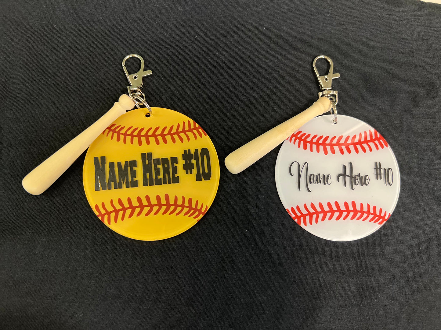 BASEBALL & SOFTBALL KEYCHAINS WITH NAME AND NUMBER