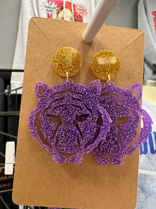 TIGERS PURPLE AND GOLD GLITTER ACRYLIC EARRINGS