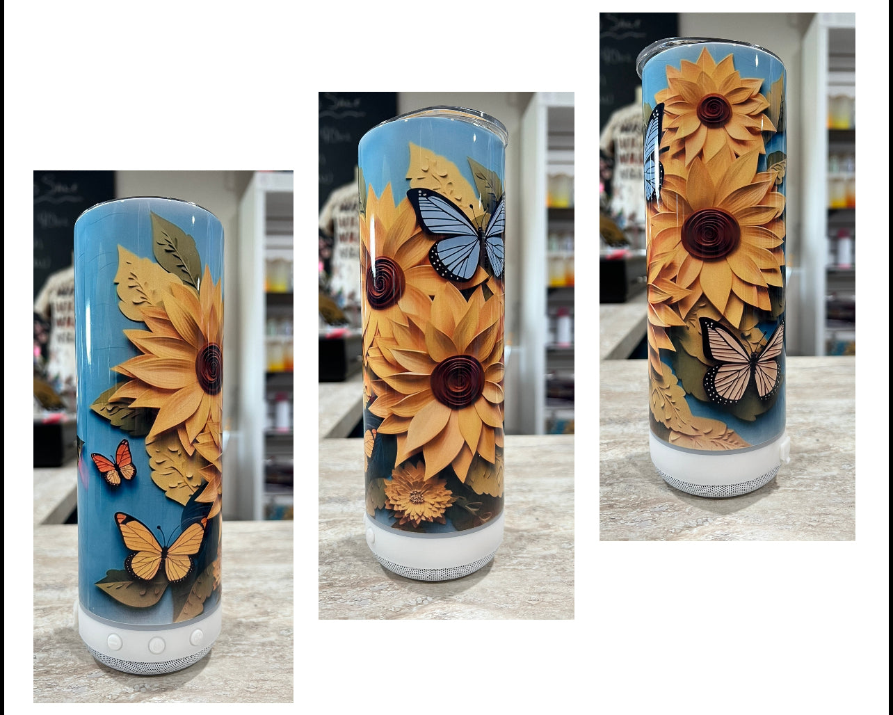 BLUE BUTTERFLY SUNFLOWER BLUETOOTH SPEAKER TUMBLER