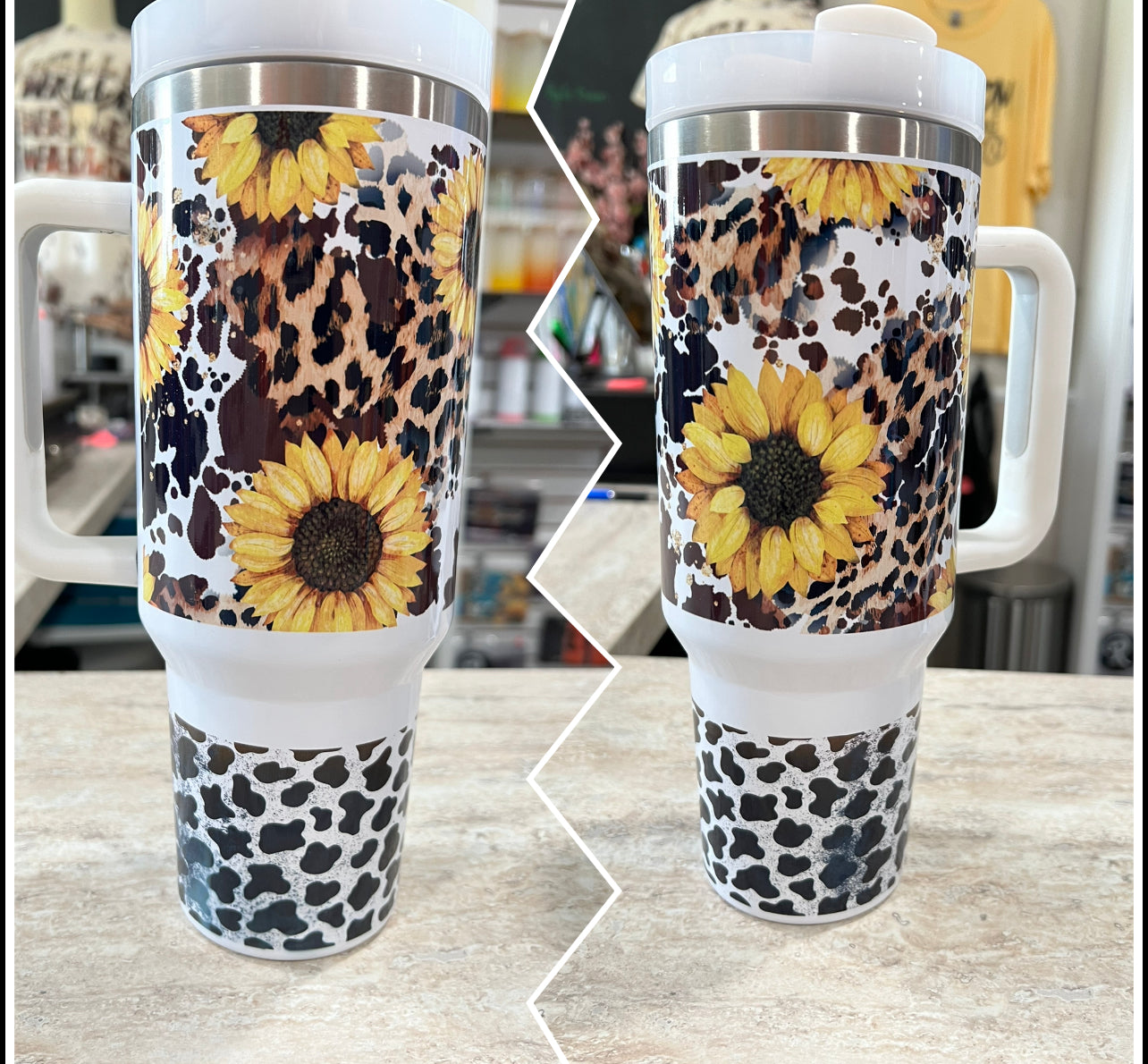 SUNFLOWER CHEETAH COW PRINT 40 OZ TUMBLER WITH HANDLE