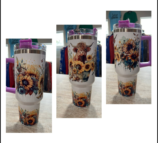 HIGHLAND COW WITH SUNFLOWERS 40 OZ TUMBLER WITH HANDLE