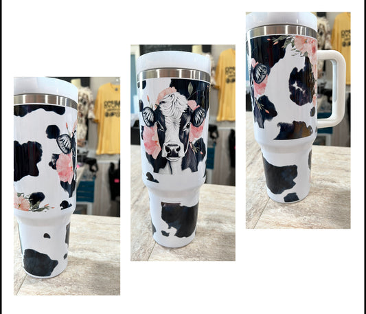COW WITH PINK FLOWERS 40 OZ TUMBLER WITH HANDLE