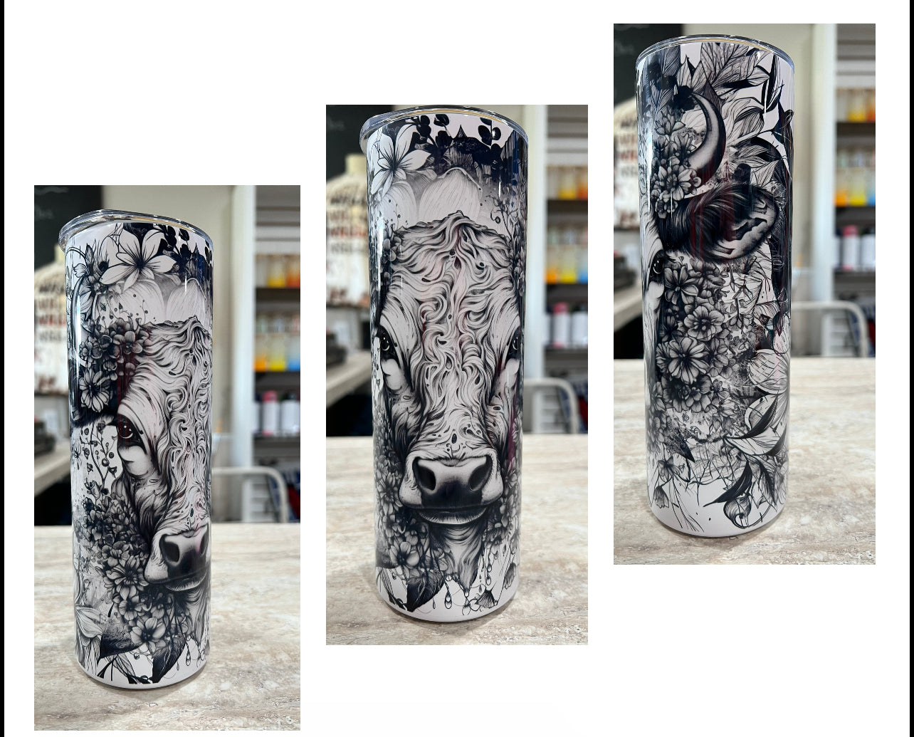 BLACK AND WHITE COW FLOWER 20 OZ TUMBLER