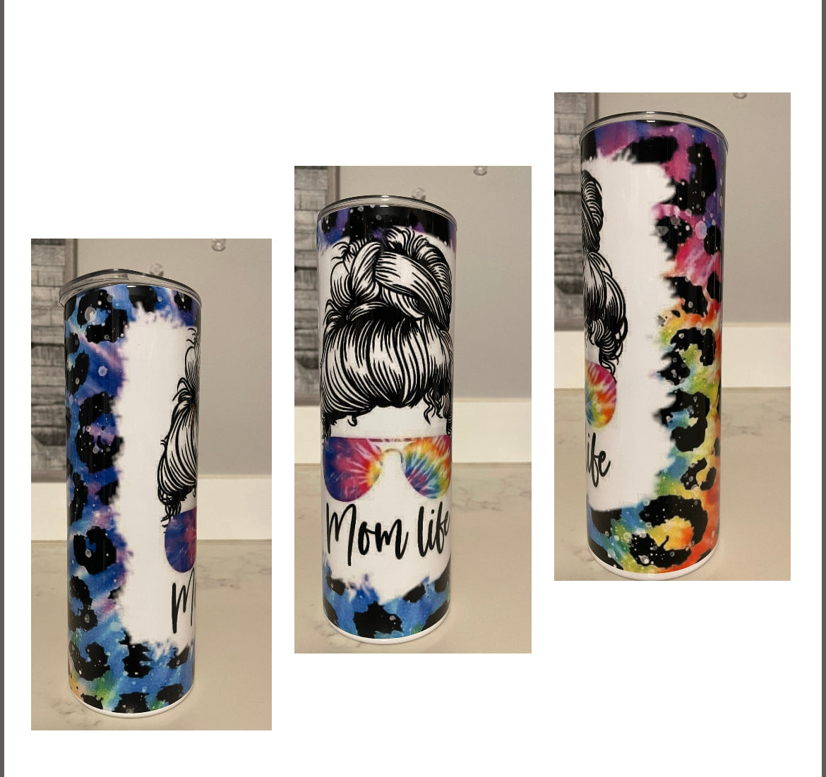 MOM LIFE MESSY BUN RAINBOW LEOPARD PRINT 20 OZ TUMBLER