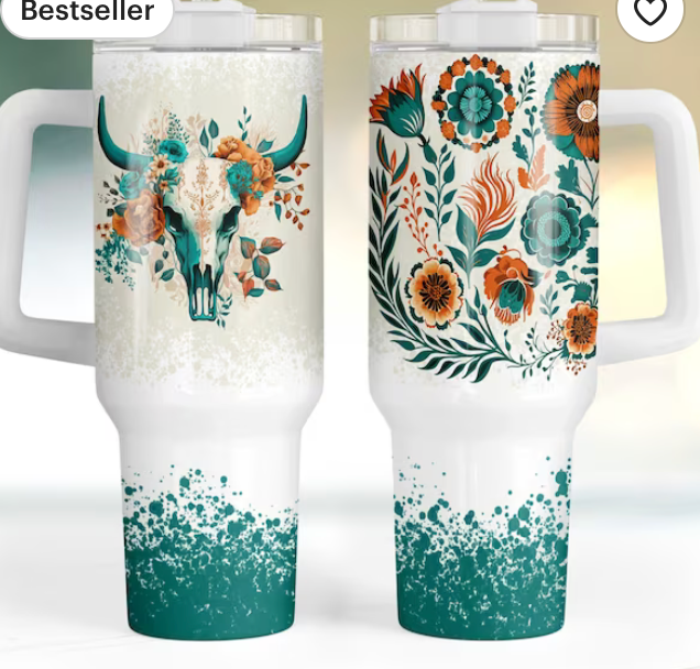 Teal Western Skull 40 oz Tumbler