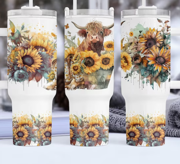 Sunflower Highland Cow 40 oz Tumbler