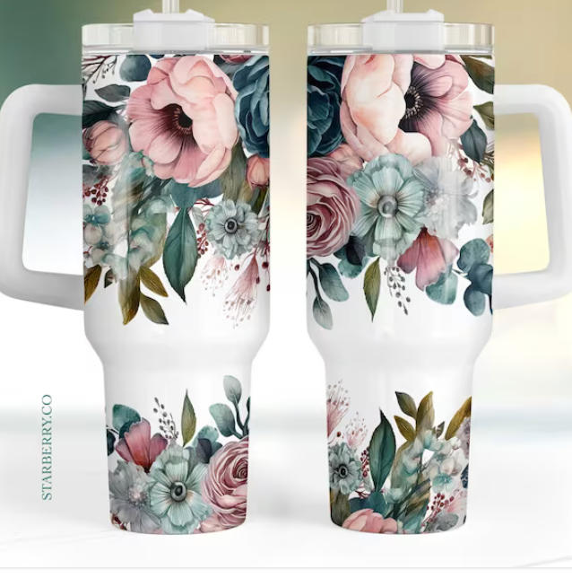 Pink and Teal Flowers 40 oz Tumbler