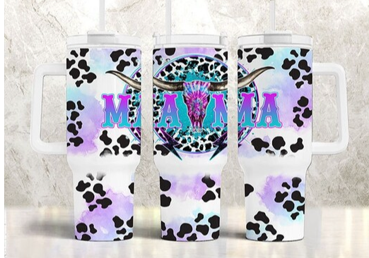 Mama Cowprint Teal 40 oz Tumbler