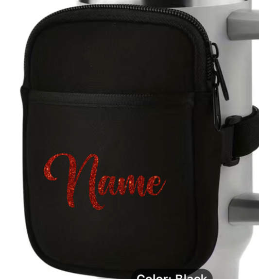 DDA TUMBLER OR ARM POUCH WITH NAME BLACK WITH RED GLITTER WRITING